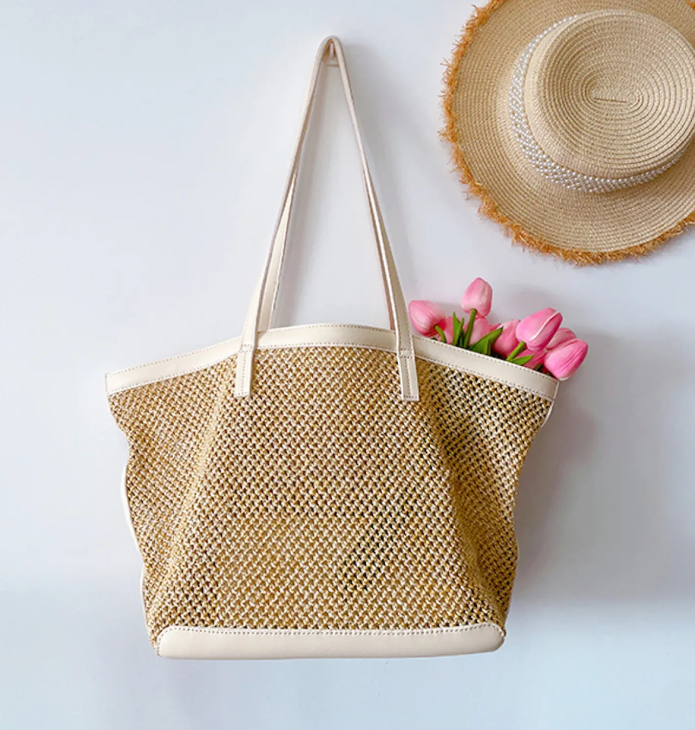 Elena Handbags Straw Woven Tote Bag with Leather Trims