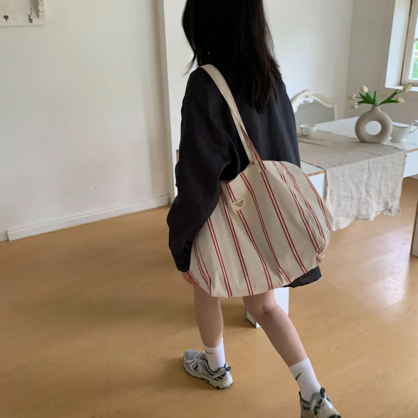 Elena Handbags Striped Cotton Canvas Shoulder Bag