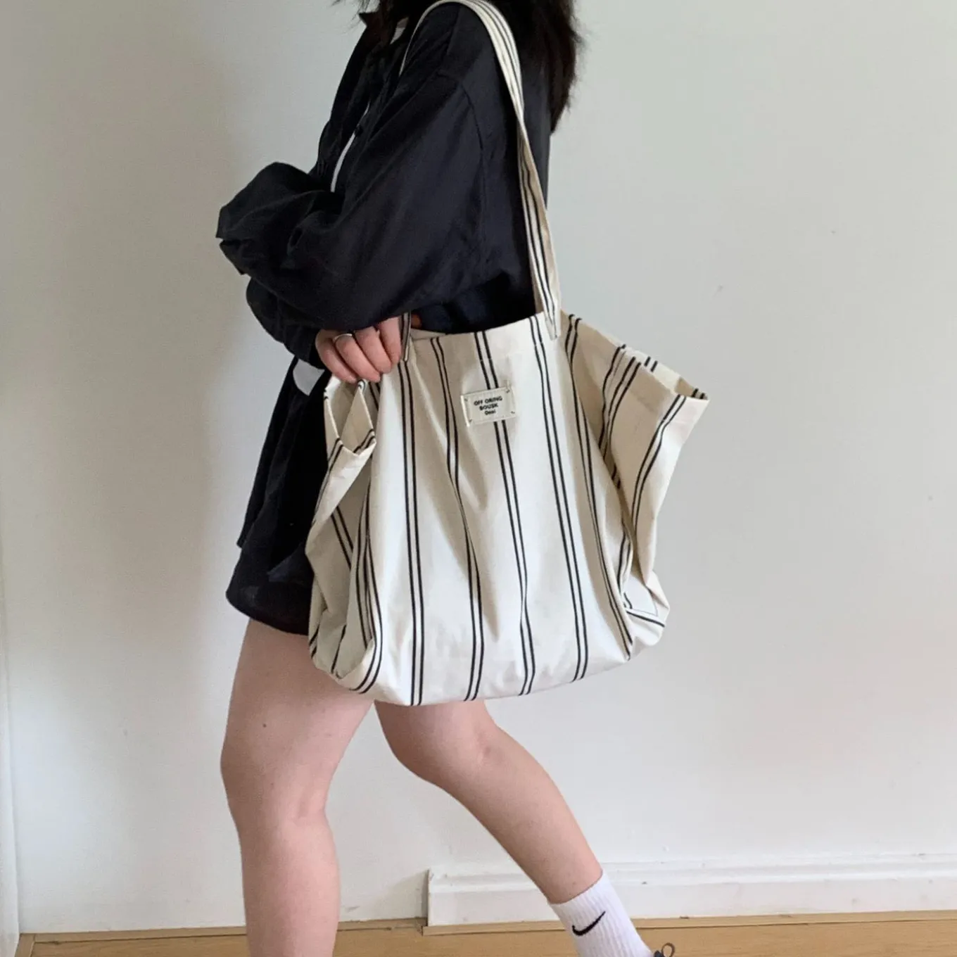 Elena Handbags Striped Cotton Canvas Shoulder Bag