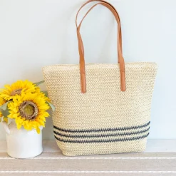 Elena Handbags Striped Large Straw Woven Tote
