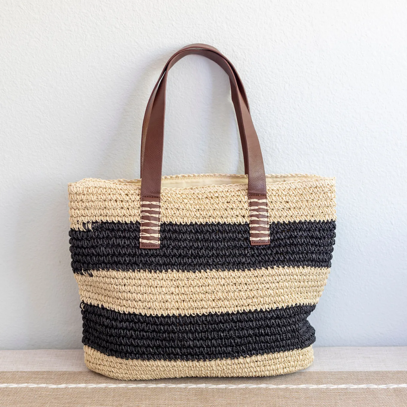 Elena Handbags Striped Large Straw Summer Tote Fashion Handbag with Wide Straps
