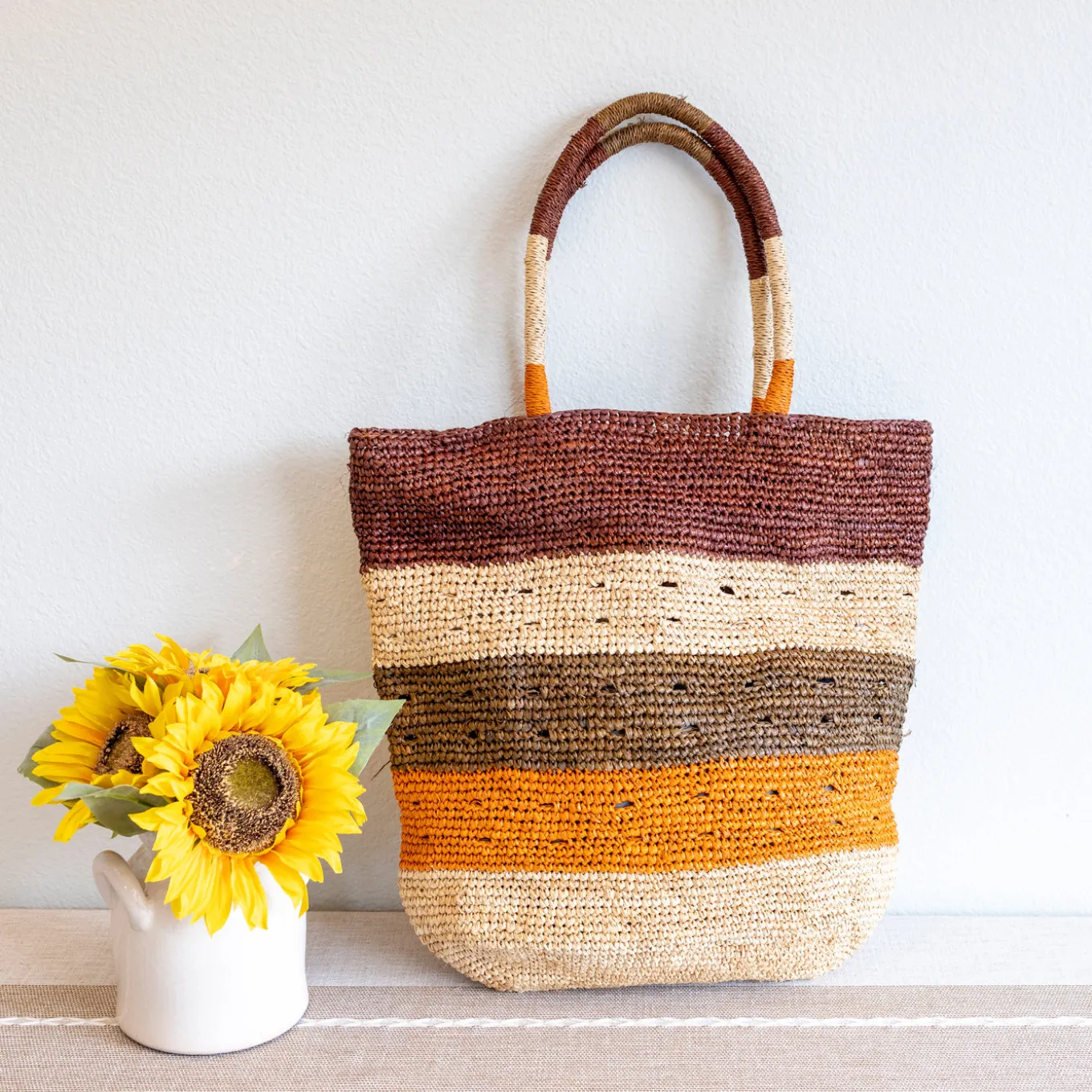 Elena Handbags Striped Large Soft Raffia Woven Summer Straw Tote Bag