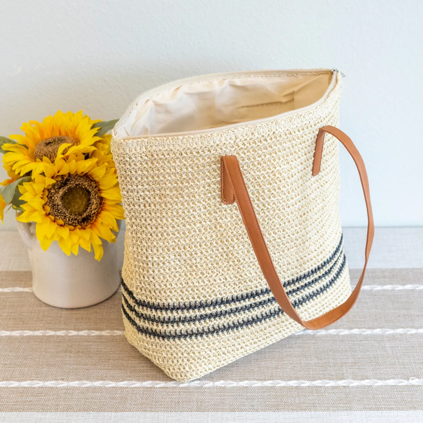 Elena Handbags Striped Large Straw Woven Tote
