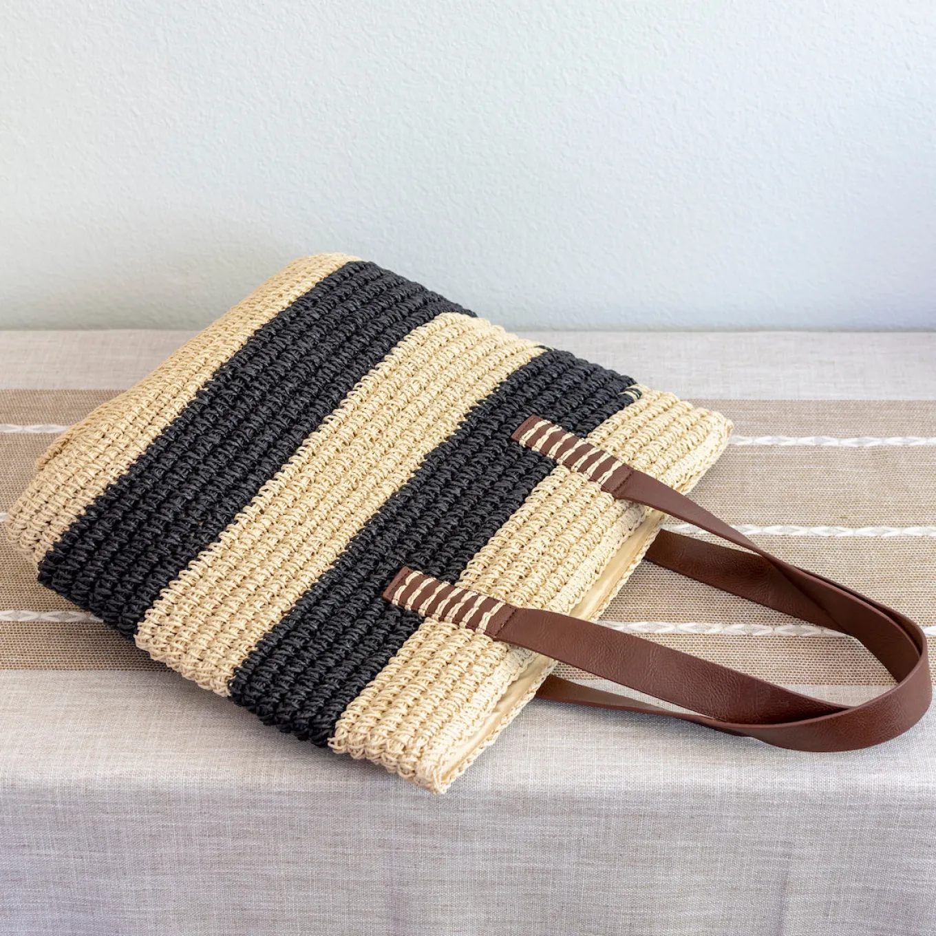 Elena Handbags Striped Large Straw Summer Tote Fashion Handbag with Wide Straps