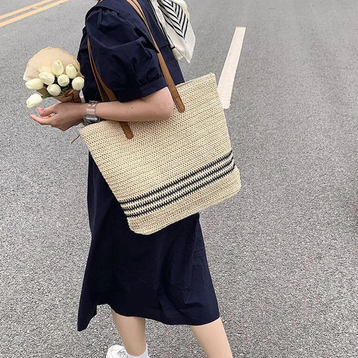 Elena Handbags Striped Large Straw Woven Tote