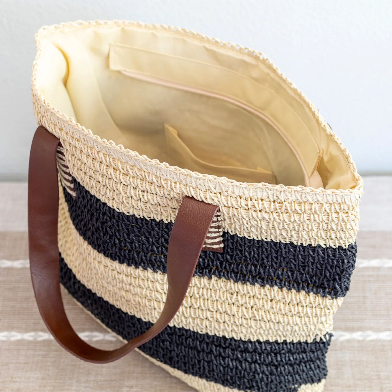 Elena Handbags Striped Large Straw Summer Tote Fashion Handbag with Wide Straps