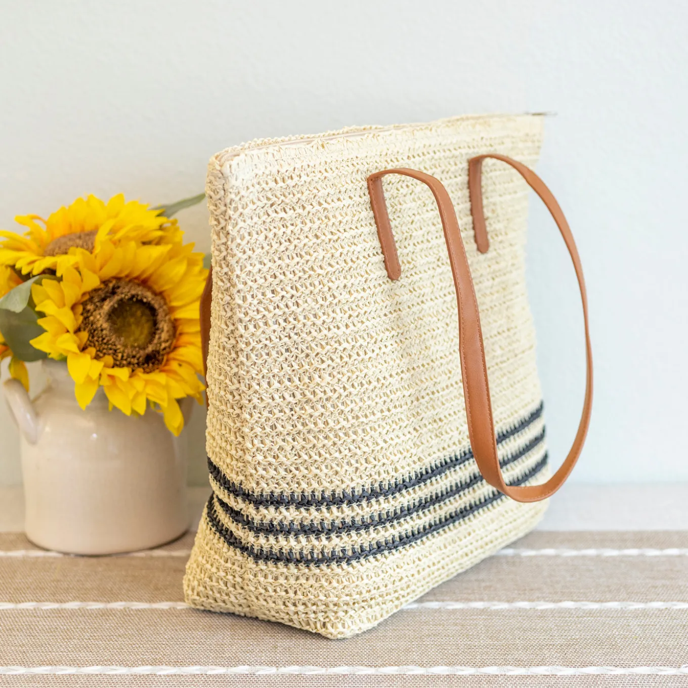 Elena Handbags Striped Large Straw Woven Tote