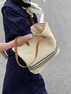 Elena Handbags Striped Large Straw Woven Tote