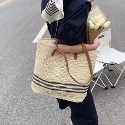 Elena Handbags Striped Large Straw Woven Tote
