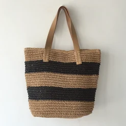 Elena Handbags Striped Straw Woven Tote Bag