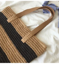 Elena Handbags Striped Straw Woven Tote Bag