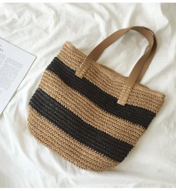 Elena Handbags Striped Straw Woven Tote Bag