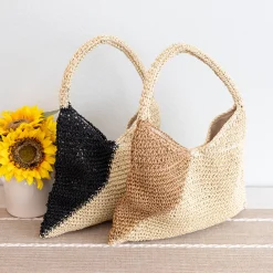 Elena Handbags Summer Boho Simple Two-Tone Straw Shoulder Bag