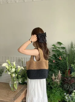 Elena Handbags Summer Two Tone Simple Straw Shoulder Bag