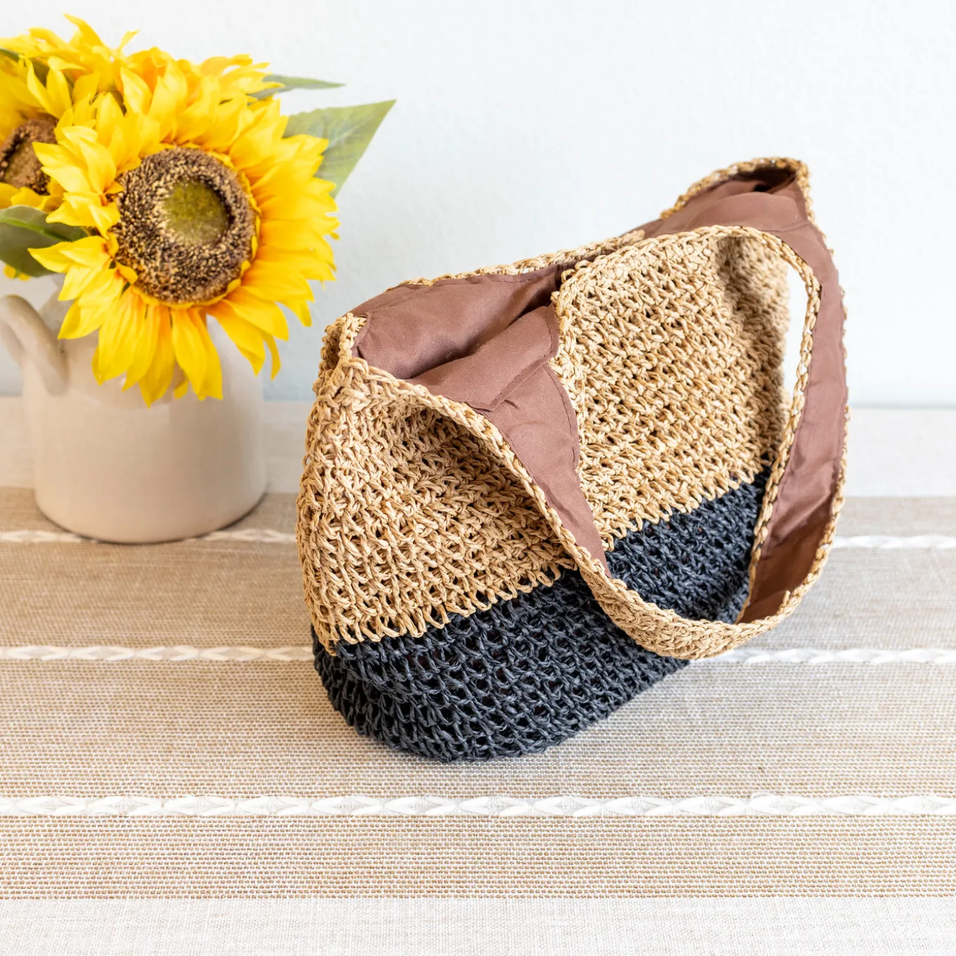 Elena Handbags Summer Two Tone Simple Straw Shoulder Bag