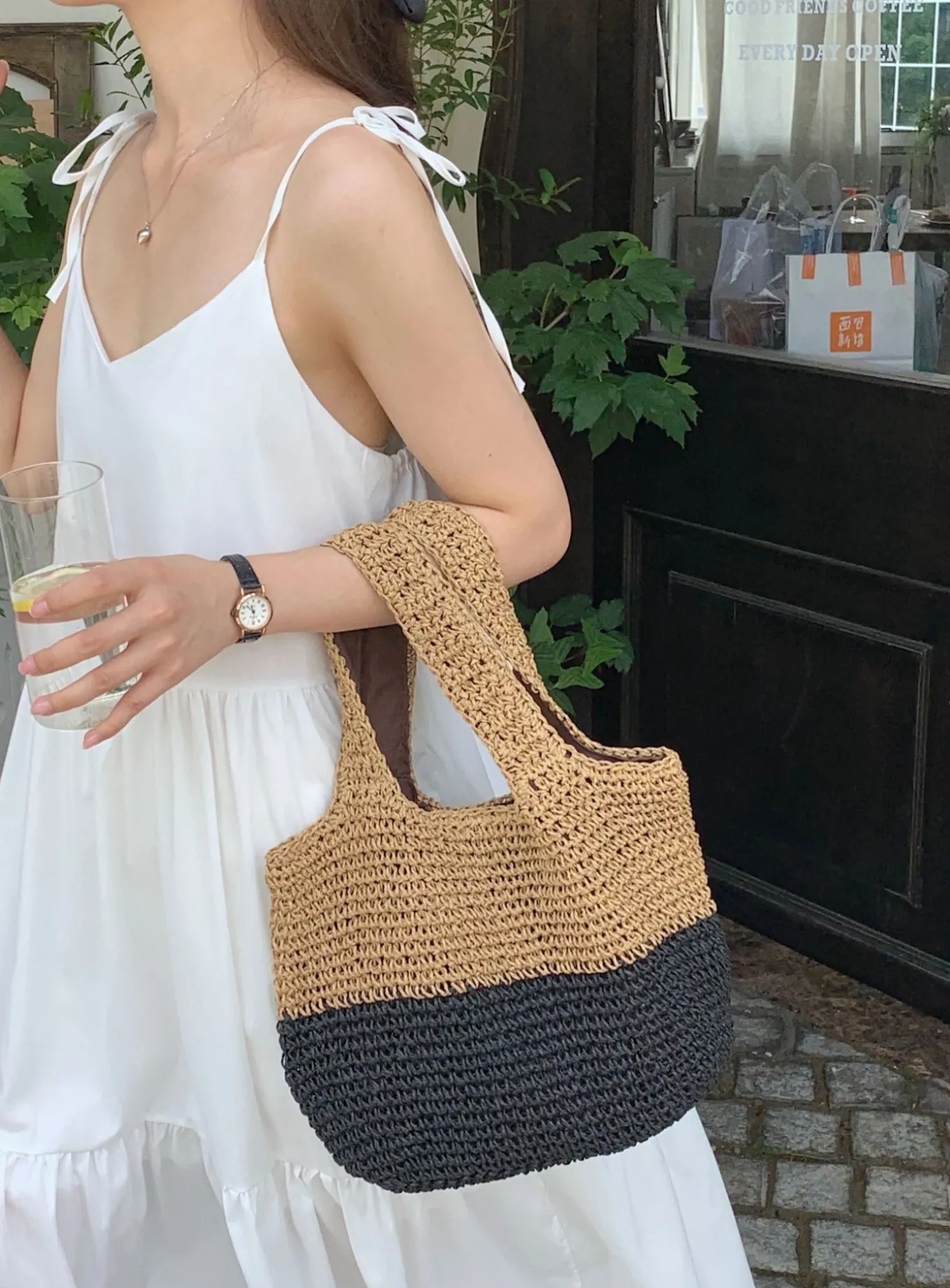 Elena Handbags Summer Two Tone Simple Straw Shoulder Bag