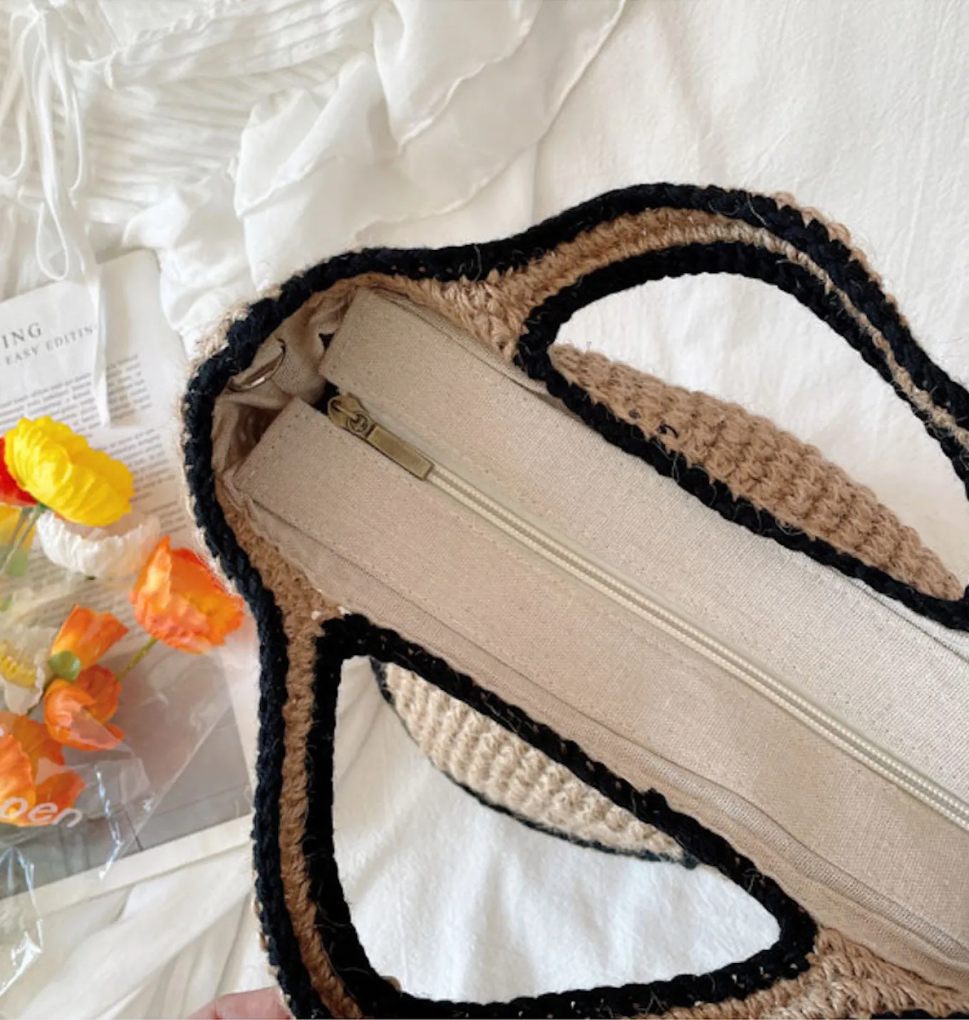 Elena Handbags Twine Woven Smiley Face Bag
