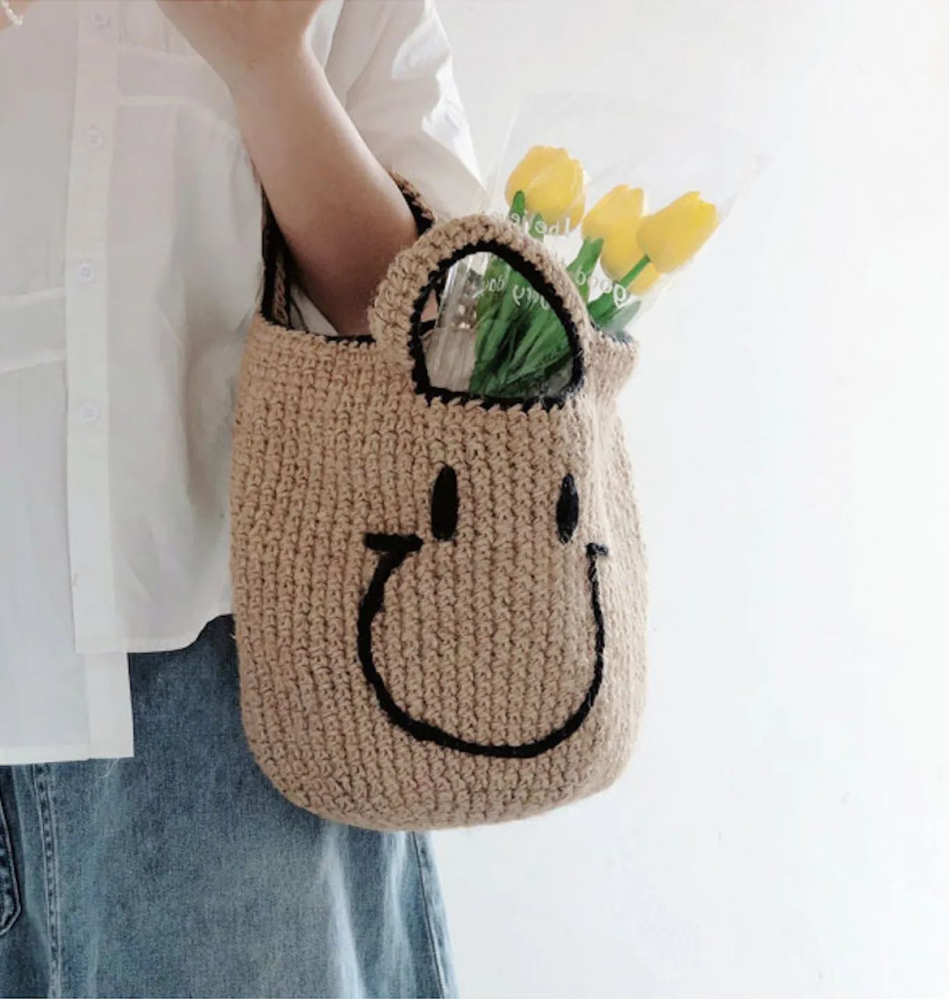 Elena Handbags Twine Woven Smiley Face Bag