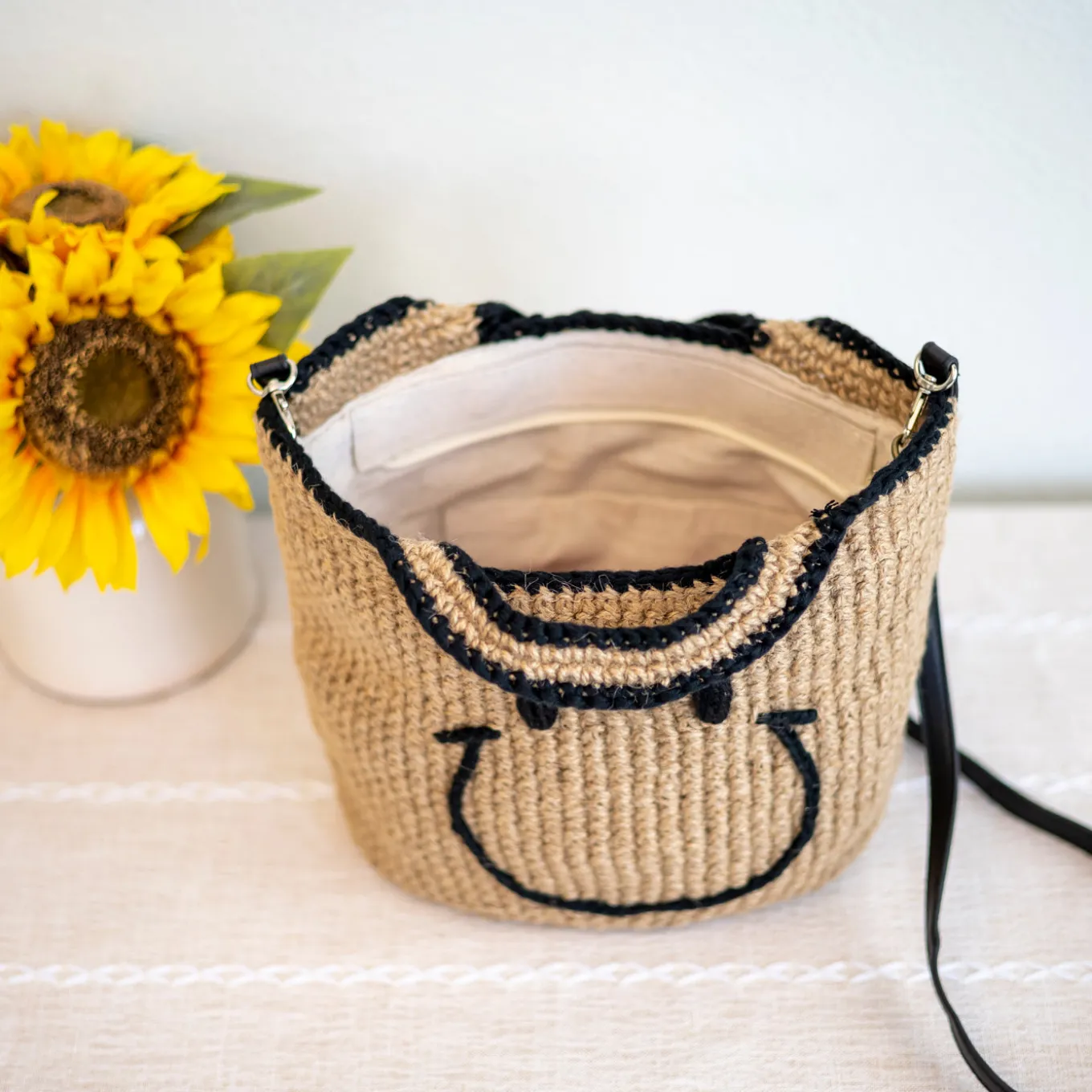 Elena Handbags Twine Woven Smiley Face Bag