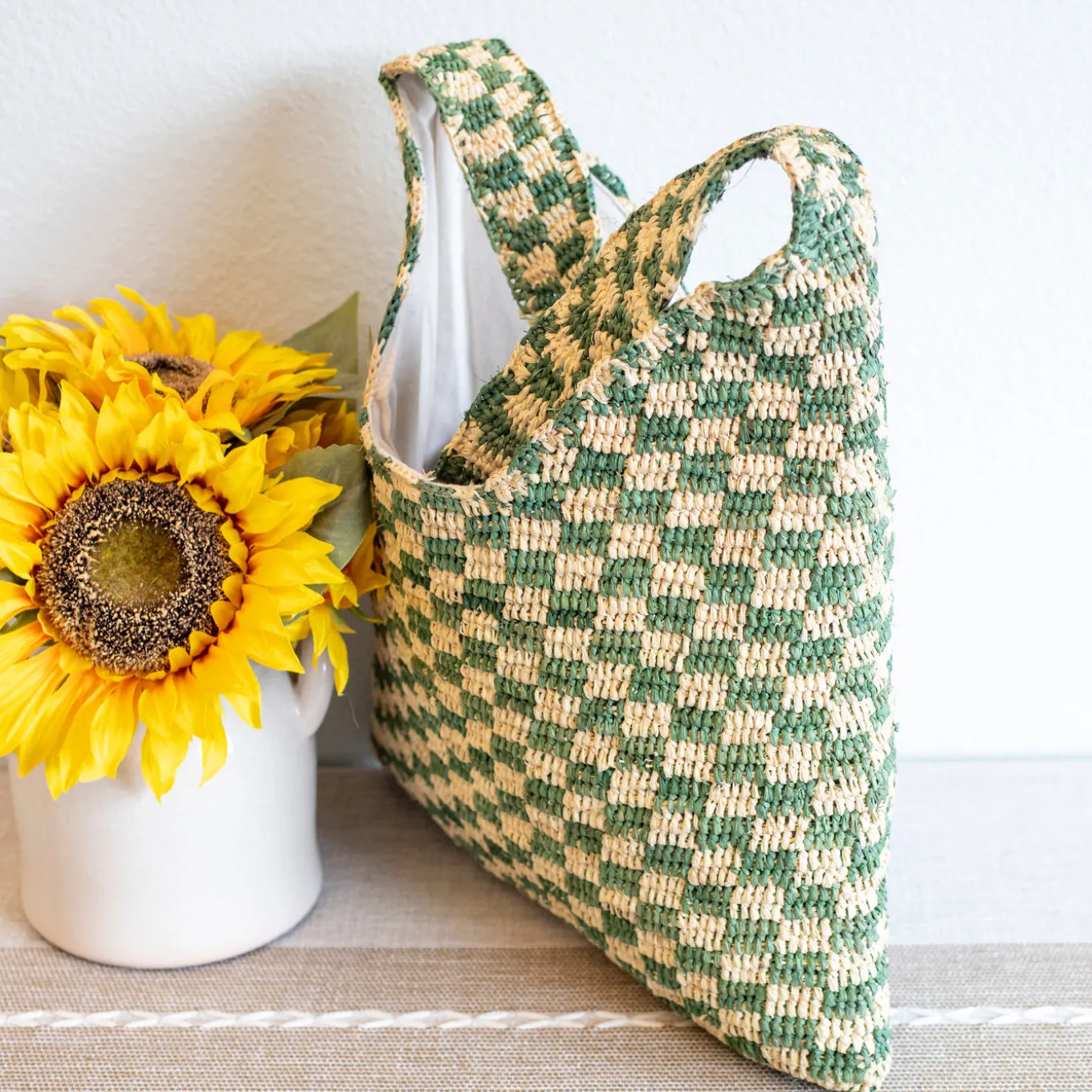 Elena Handbags Women's Checkered Raffia Woven Summer Straw Tote