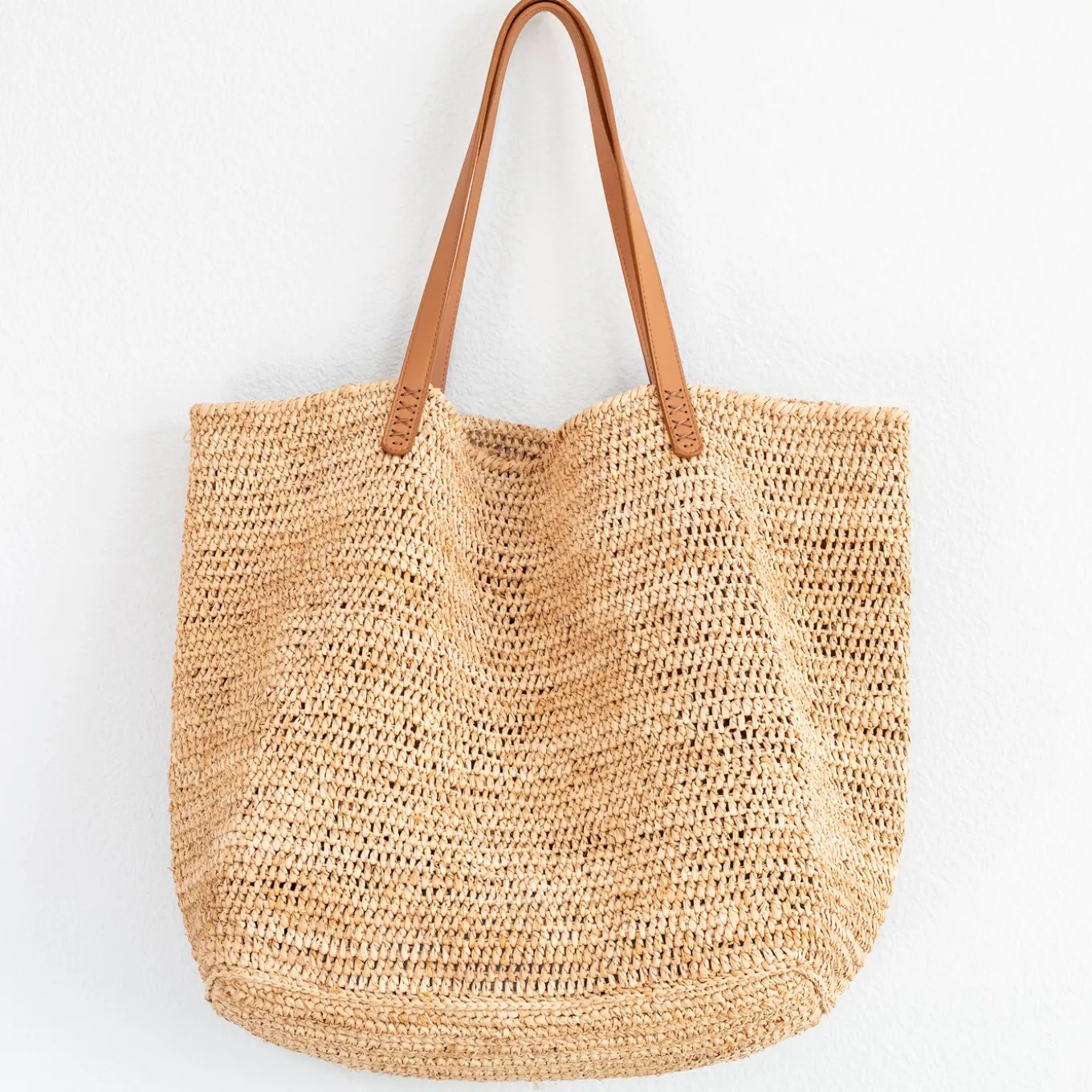 Elena Handbags Women's Large Soft Raffia Woven Summer Straw Tote with Genuine Leather Straps