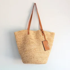 Elena Handbags Women's Large Soft Raffia Woven Summer Straw Tote with Genuine Leather Straps