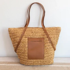 Elena Handbags Women's Large Woven Summer Straw Tote with Leather Straps