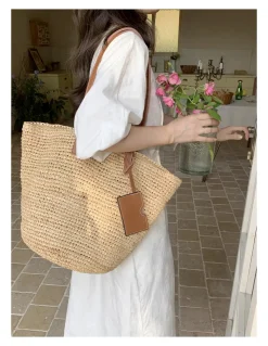 Elena Handbags Women's Large Soft Raffia Woven Summer Straw Tote with Genuine Leather Straps