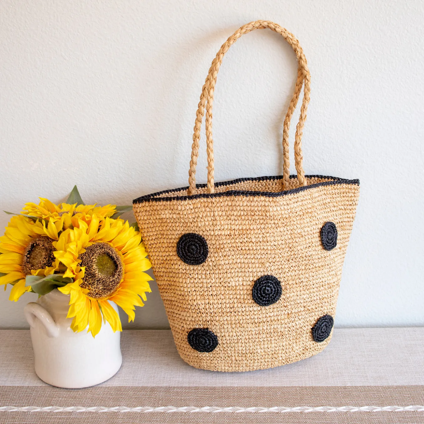 Elena Handbags Women's Polka Dot Design Raffia Woven Summer Straw Tote