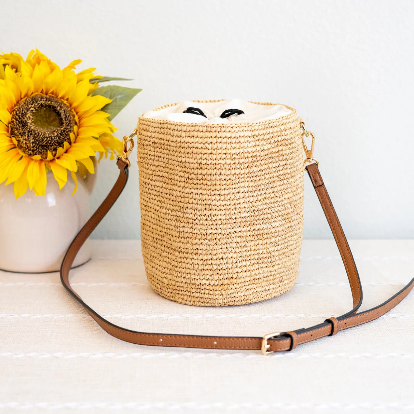 Elena Handbags Women's Raffia Straw Crossbody Bucket Bag
