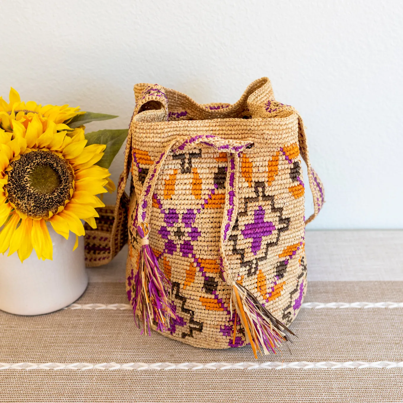 Elena Handbags Women's Raffia Straw Pink Wayuu Crossbody Bucket Bag