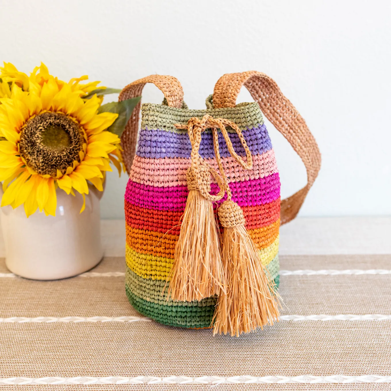 Elena Handbags Women's Raffia Straw Rainbow Crossbody Bucket Bag