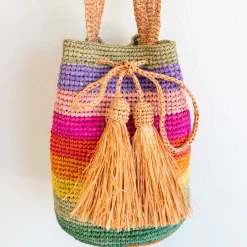 Elena Handbags Women's Raffia Straw Rainbow Crossbody Bucket Bag