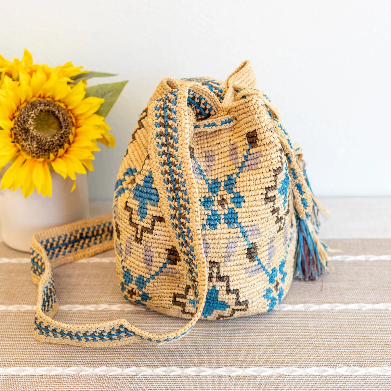 Elena Handbags Women's Raffia Straw Wayuu Crossbody Bucket Bag