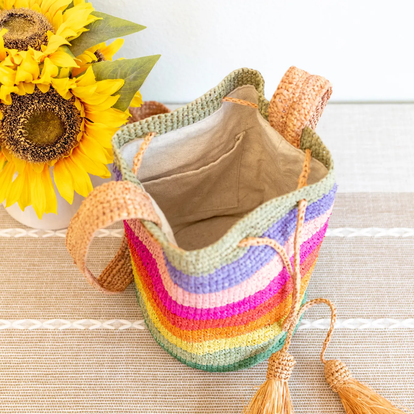 Elena Handbags Women's Raffia Straw Rainbow Crossbody Bucket Bag