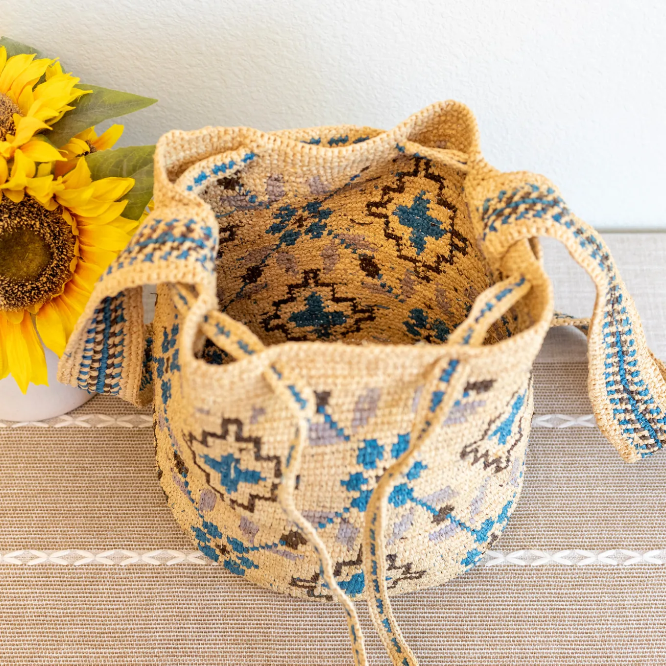 Elena Handbags Women's Raffia Straw Wayuu Crossbody Bucket Bag