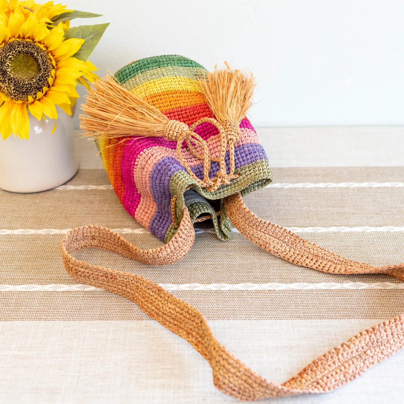 Elena Handbags Women's Raffia Straw Rainbow Crossbody Bucket Bag