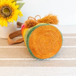 Elena Handbags Women's Raffia Straw Rainbow Crossbody Bucket Bag