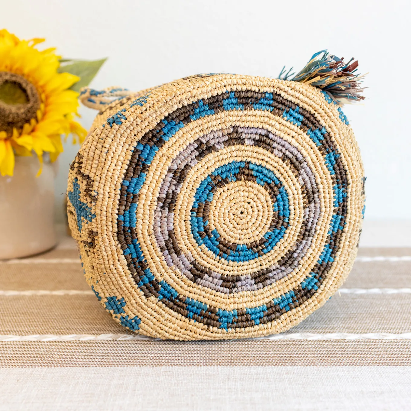 Elena Handbags Women's Raffia Straw Wayuu Crossbody Bucket Bag