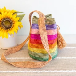 Elena Handbags Women's Raffia Straw Rainbow Crossbody Bucket Bag