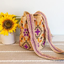 Elena Handbags Women's Raffia Straw Pink Wayuu Crossbody Bucket Bag
