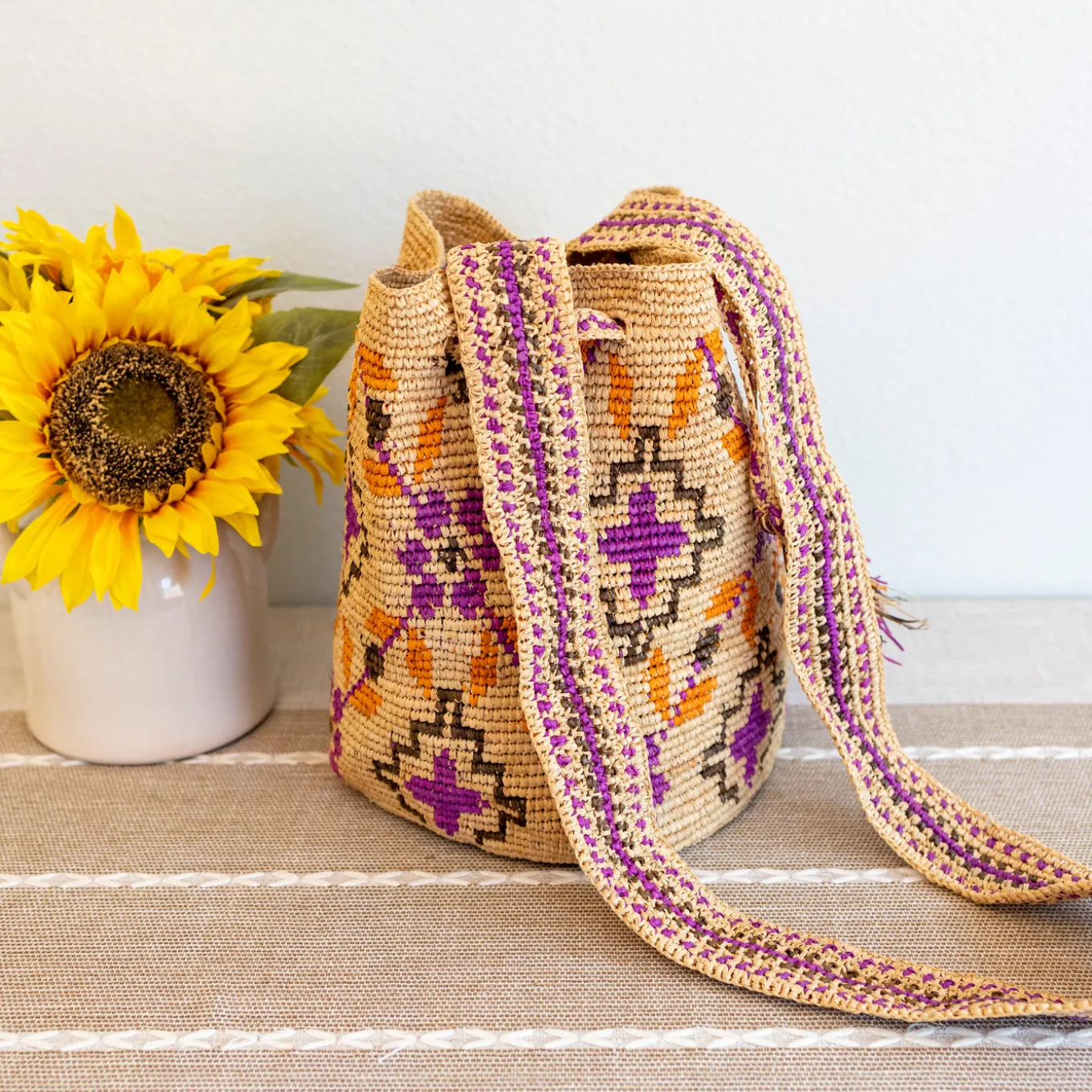 Elena Handbags Women's Raffia Straw Pink Wayuu Crossbody Bucket Bag