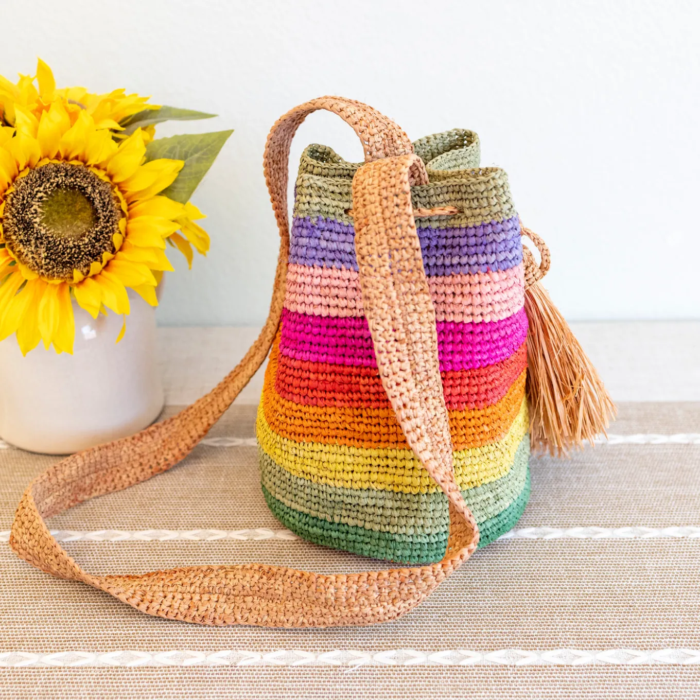 Elena Handbags Women's Raffia Straw Rainbow Crossbody Bucket Bag