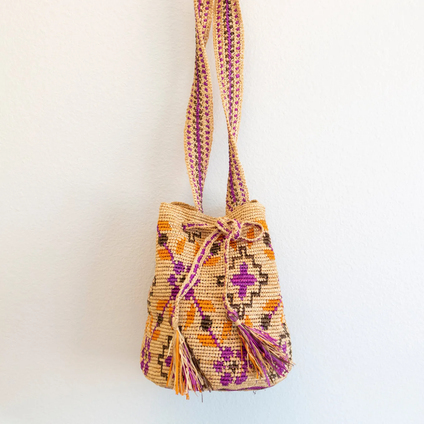 Elena Handbags Women's Raffia Straw Pink Wayuu Crossbody Bucket Bag