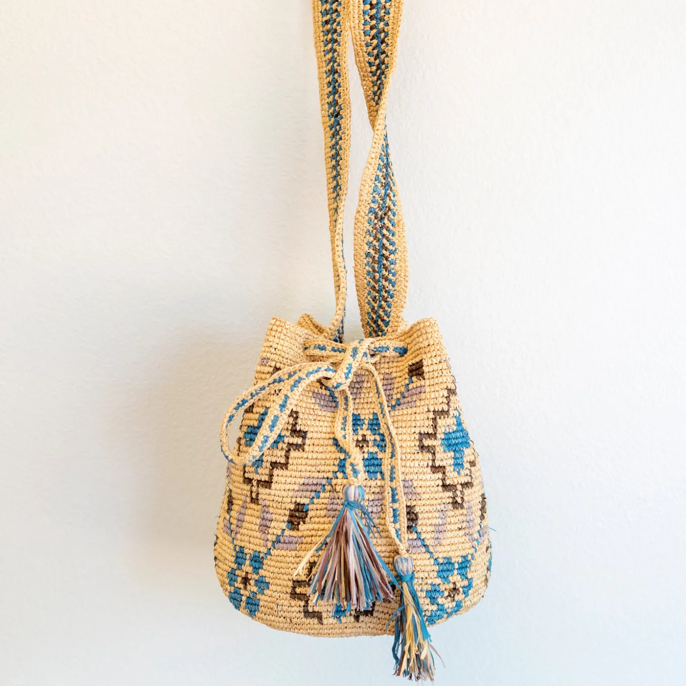 Elena Handbags Women's Raffia Straw Wayuu Crossbody Bucket Bag
