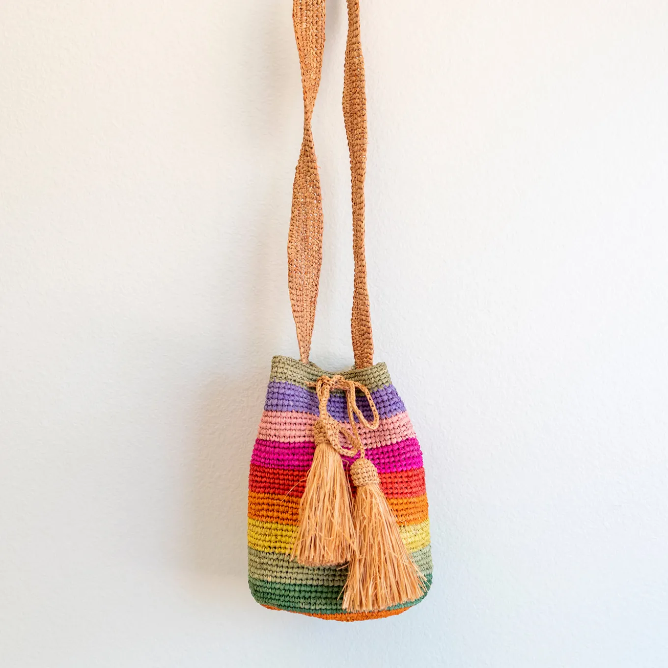 Elena Handbags Women's Raffia Straw Rainbow Crossbody Bucket Bag