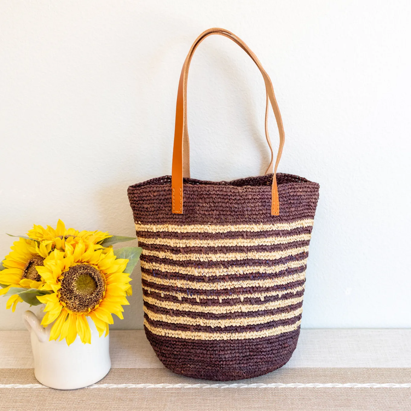Elena Handbags Women's Soft Raffia Woven Summer Straw Tote with Genuine Leather Straps