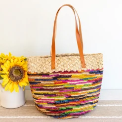 Elena Handbags Women's Soft Raffia Woven Summer Straw Tote with Genuine Leather Straps