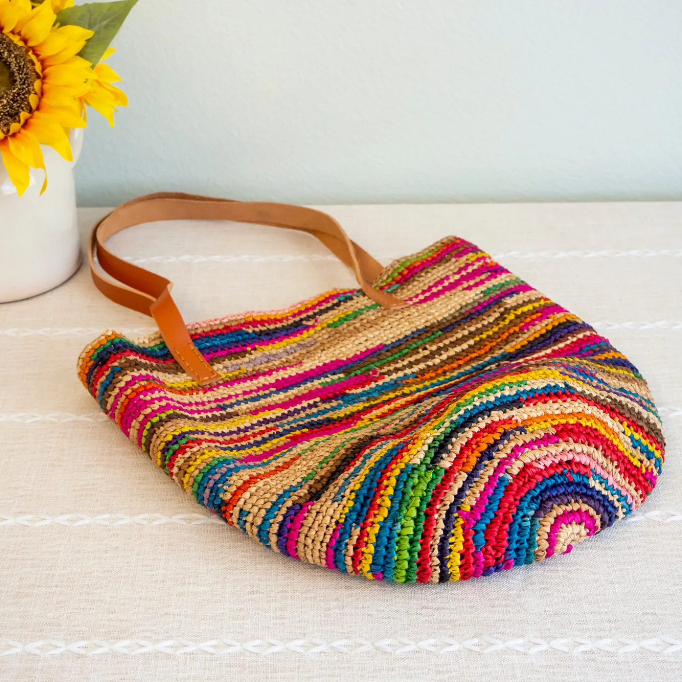 Elena Handbags Women's Soft Raffia Woven Summer Straw Tote with Genuine Leather Straps