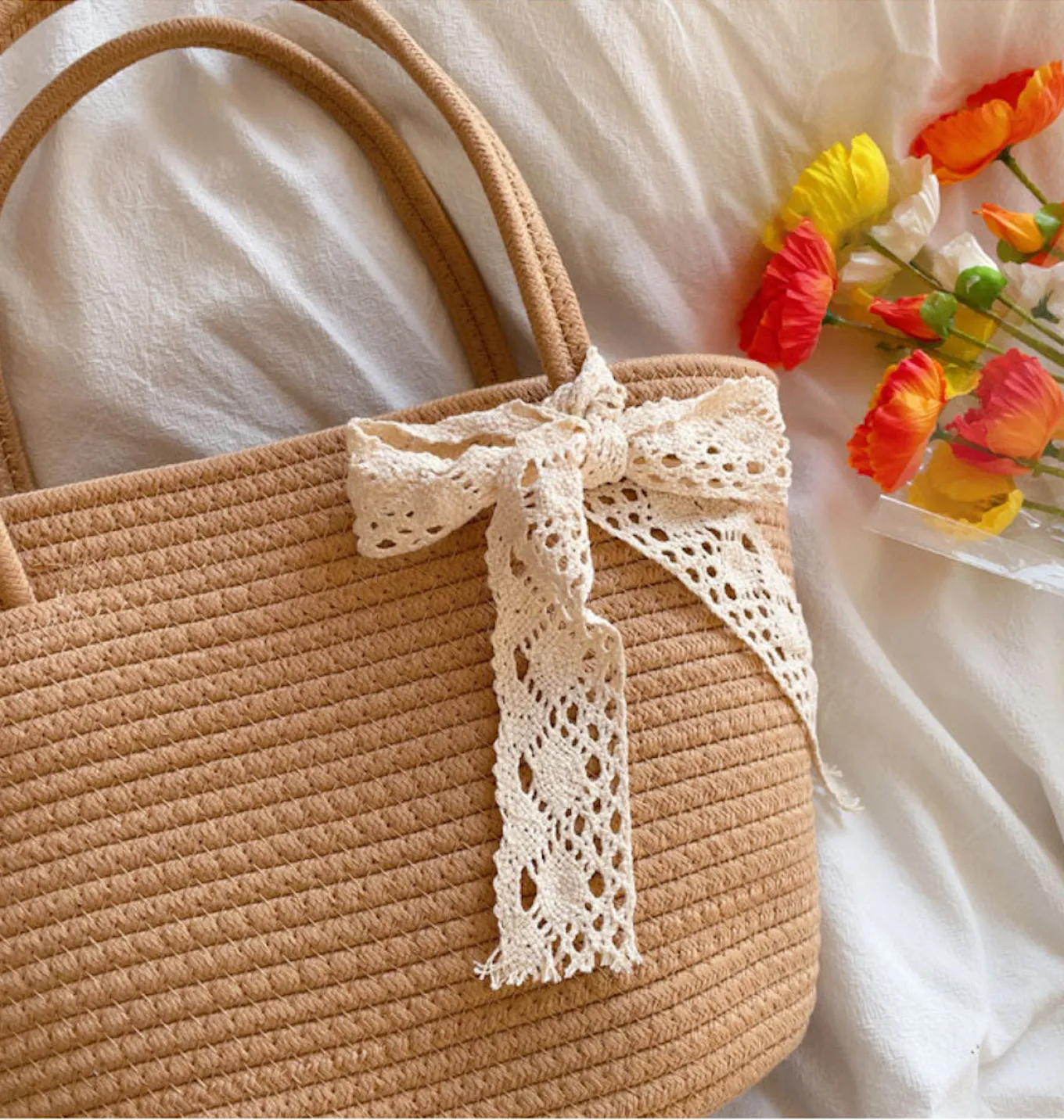 Elena Handbags Woven Cotton Basket Bag